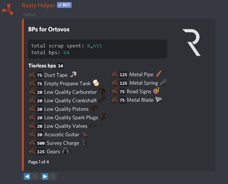 Example discord message displaying the blueprints command