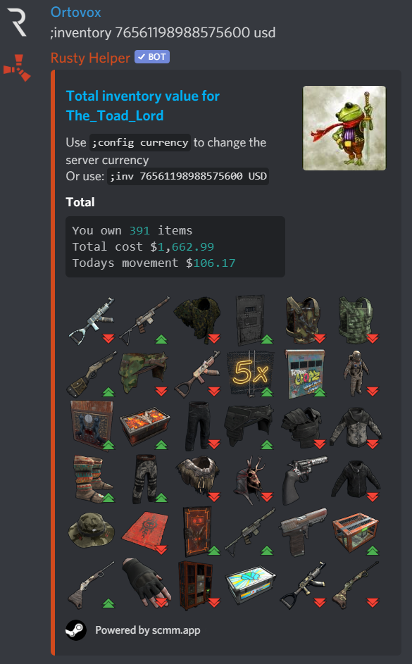 Example discord message displaying the inventory command